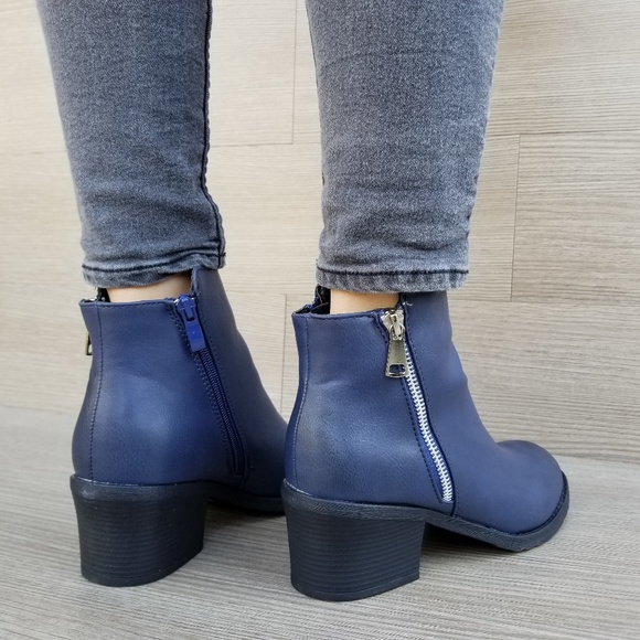 Navy Faux Leather Ankle Boots W/ Silver Zipper - Picture 5 of 7
